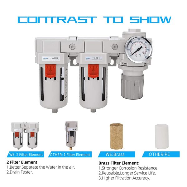 NANPU 1/2" NPT Air Drying System - Double Air Filters (5 Micron Brass Element), Air Pressure Regulator Combo - Semi-Auto Drain, Poly Bowl w/Metal Gauge - Image 2