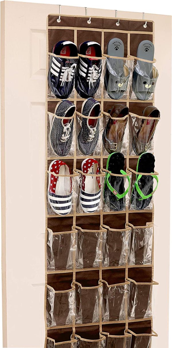 24 Pockets - SimpleHouseware Crystal Clear Over The Door Hanging Shoe Organizer, Brown (162.6 cm H x 48.6 cm W) - Image 4