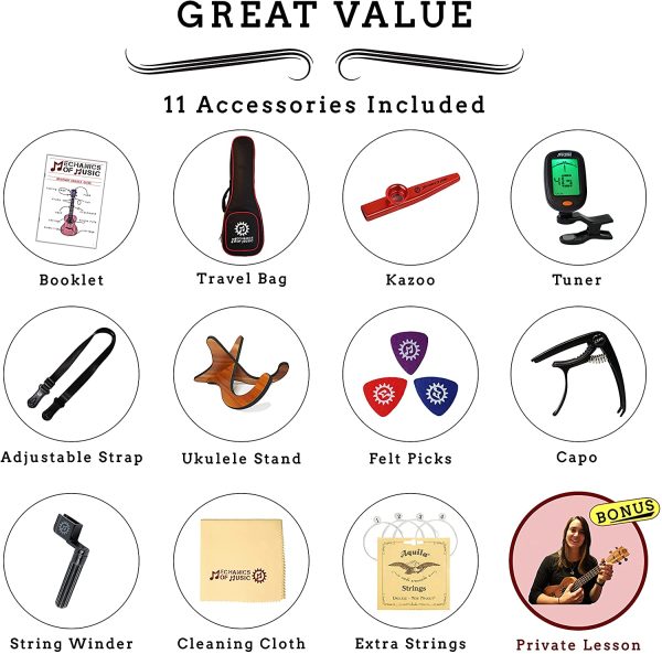 Concert Ukulele Bundle, Free Private Lesson(Zoom), 11 Accessories, Easy to Learn for Kids, Great Value Beginner Ukulele Instrument, Beginner Kit for Adult - Image 2