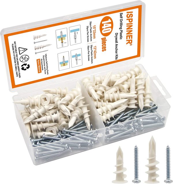 140pcs Plastic Drywall Anchors Self Drilling Hollow Wall Anchors with Screws Assortment Kit (13x42mm + 15x33mm) - Image 3