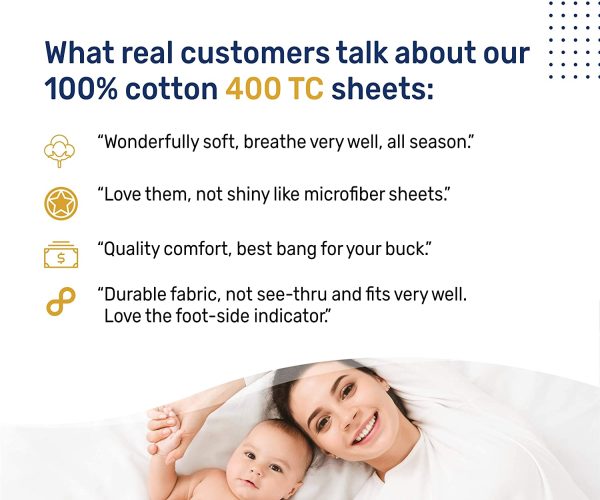 400 Thread Count Solid Twin XL Sheet Set (3 pc, Bright White) - Long Staple Combed Pure Natural 100% Cotton Bedsheets, Soft & Silky Sateen Weave Sheets by - Image 4