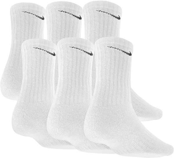 NIKE Dri-Fit Classic Cushioned Crew Socks 6 PAIR White with Black Swoosh Logo) LARGE 8-12 - Image 4