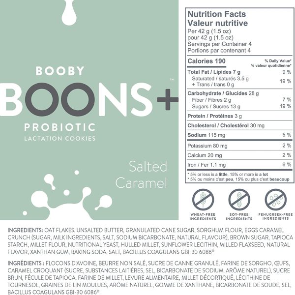 Booby Boons+ Probiotic Lactation Cookies; Salted Caramel Crunch (168g bag). Canada's Award Winning Lactation support with Probiotics. Gluten-Free, Soy-Free, Fenugreek-Free