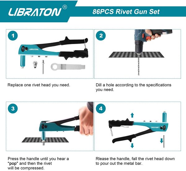 Libraton Rivet Gun, Rivet Tool, Pop Rivet Gun Kit with 80pcs Metal Rivets Nosepieces Set and 4pcs HSS Drill bits, Professional Riveter Tool for Automotive, Railway, Furniture, Instrument - Image 3