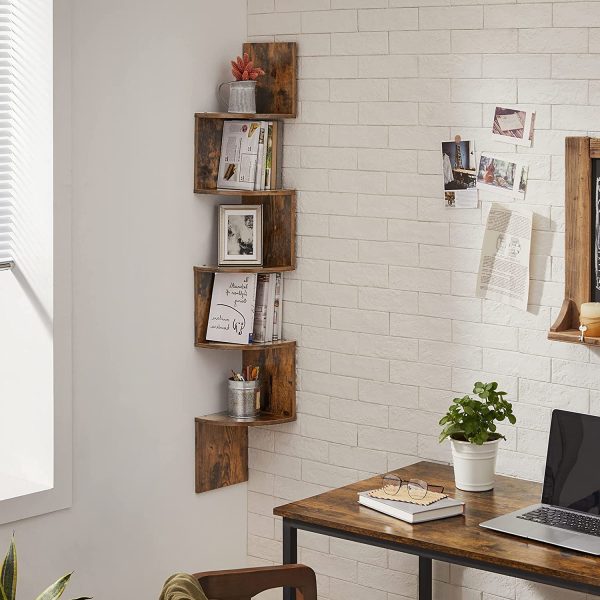 Corner Shelf, 5-Tier Floating Wall Shelf with Zigzag Design, Bookshelf, Rustic Brown ULBC72BX - Image 3