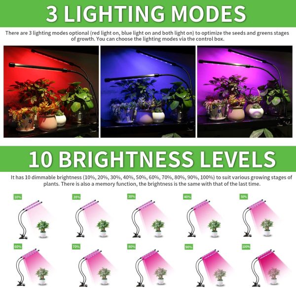 Likesuns Led Grow Light for Indoor Plants, Dual Head 40 LED 10 Dimmable Levels Timing Function 3/9/12H, Full Spectrum Plant Grow Lamp for Seedling, 3 Switch Modes 360?? Adjustable Gooseneck - 20W