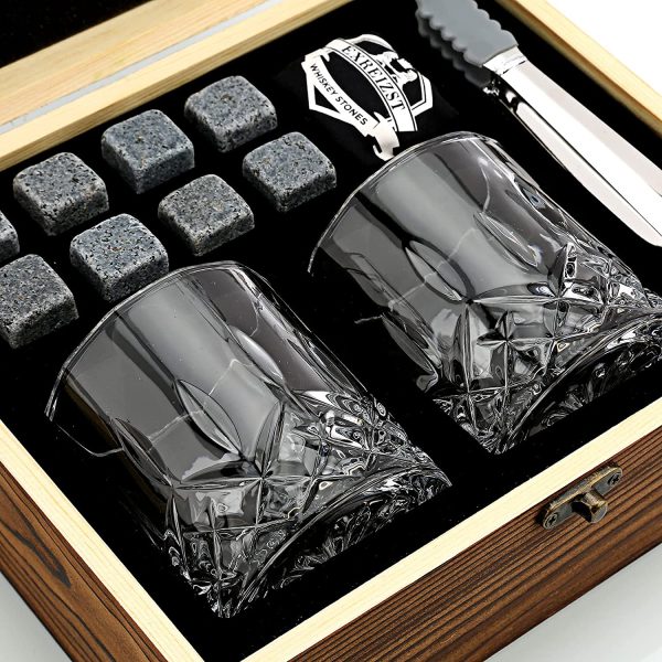 Whiskey Stones Glass Gift Set - Bourbon Scotch Whiskey Glasses Set of 2 - Granite Chilling Rocks in Premium Wooden Box - Best Drinking Gift for Men Dad Husband Father's Day Birthday Holiday Christmas (Cylindrical) - Image 9