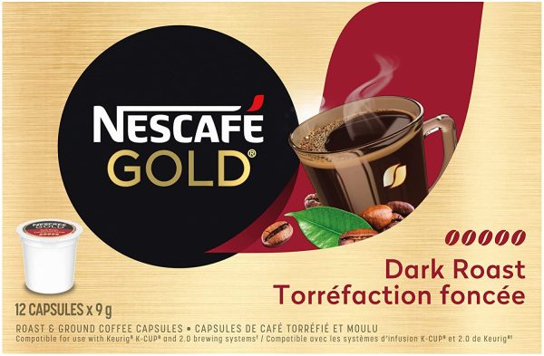 NESCAFÉ GOLD Dark Roast & Ground Coffee Capsules, K-Cup Compatible Pods, 12 Capsules