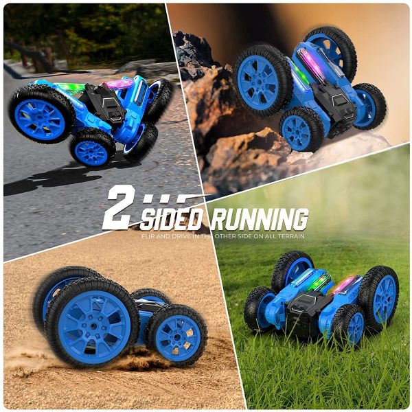 RCNOAH Remote Control Car - 2022 New Version - 3D Hologram LED RC Stunt Car 4WD Off-Road Fast Double Sided Running All Terrain RC Car for Kids 6 Years and Above, 2 Rechargeable Car Batteries & 2 USB Charging Cables - Image 7