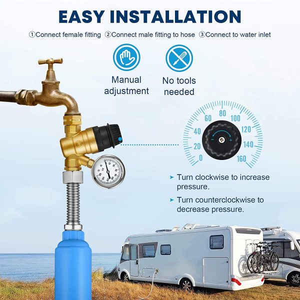 Kohree Handle Adjustable RV Water Pressure Regulator Valve, Upgrade Brass Lead-Free Water Pressure Reducer with Gauge 160PSI and 2 Inlet Screened Filters for RV Camper Travel Trailer Garden Plumbing System - Image 6