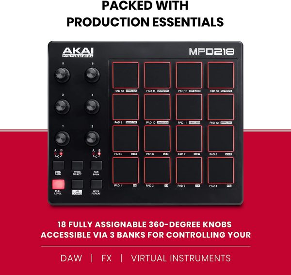 AKAI Professional MPD218 - USB MIDI Controller with 16 MPC Drum Pads, 6 Assignable Knobs, Note Repeat & Full Level Buttons and Production Software - Image 3