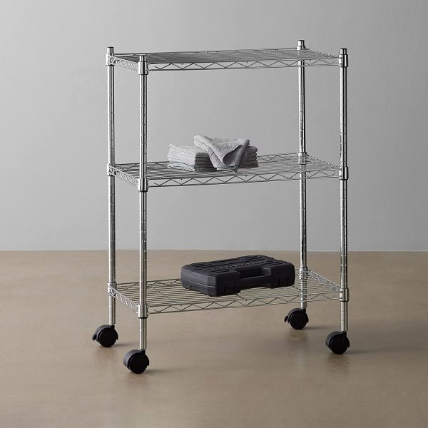 Amazon Basics 3-Shelf Adjustable, Heavy Duty Storage Shelving Unit on 4'' Wheel Casters, Metal Organizer Wire Rack, Chrome (23.2L x 13.4W x 32.75H) - Image 4