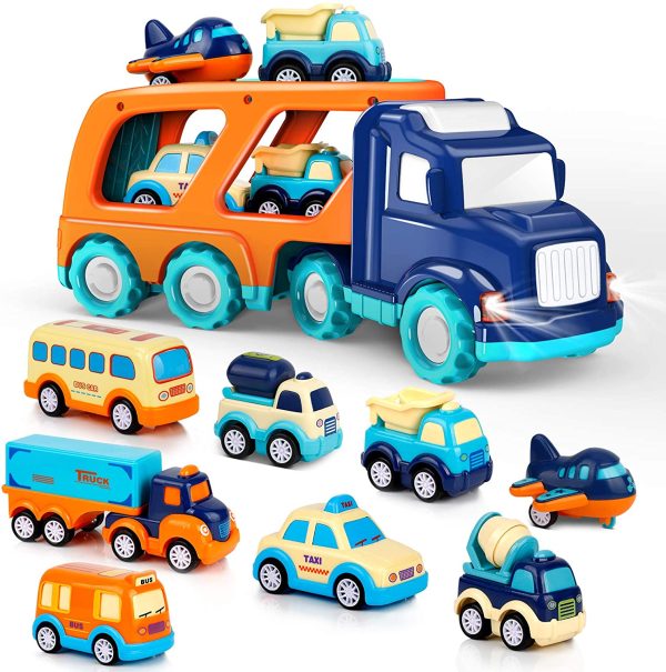 9 Pack Cars Toys for 3 4 5 Years Old Toddlers Boys and Girls Gift, Big Transport Truck with 8 Small Cute Pull Back Trucks, Colorful Assorted Vehicles Playset, Carrier Truck with Sound and Light - Image 2