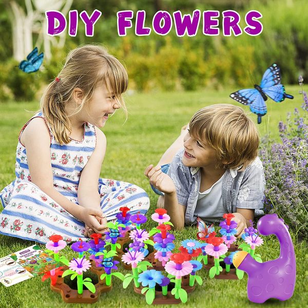 Qtioucp Kids Pretend Play Garden Toys Outdoor Gardening Tool Set with 93 PCS DIY Kids Flower Garden Building Preschool Activities Wheelbarrow, Watering Can, Hand Rake,Trowel, Plow, Double Hoe, Gloves, Apron for Kids Boys Girls (Purple) - Image 7