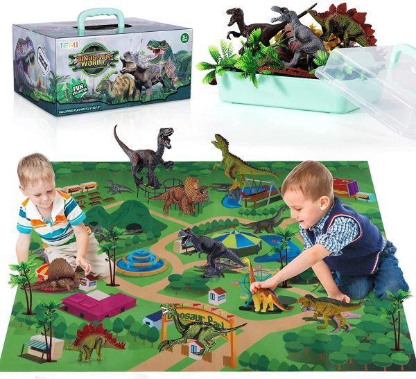 TEMI Dinosaur Toys for Kids 3-5 with Activity Play Mat & Trees, Educational Realistic Dinosaur Play Set to Create a Dino World Including T-Rex, Triceratops, Velociraptor, Great Gift for Boys & Girls