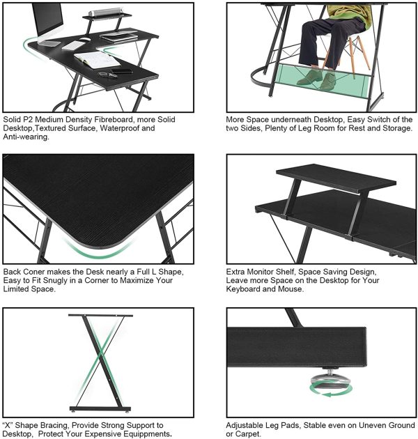 L-Shaped Desk 50.8" Computer Corner Desk, Home Gaming Desk, Office Writing Workstation with Large Monitor Stand, Space-Saving, Easy to Assemble, Black - Image 4