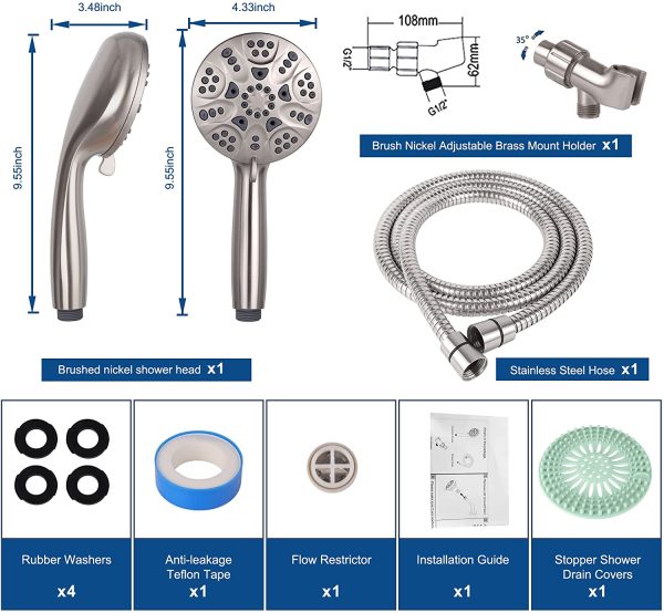 Shower Head, 6-Settings Shower Head with Hose Detachable Shower Head, 4.6" Brushed Nickel Shower Head High Pressure Handheld Shower Head with 1.5 Meter/59 Inch Long Removable Shower Head and Adjustable Brass Ball Joint Shower Bracket Bathroom Accessories for the Ultimate Shower Experience - Image 4