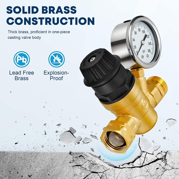 Kohree Handle Adjustable RV Water Pressure Regulator Valve, Upgrade Brass Lead-Free Water Pressure Reducer with Gauge 160PSI and 2 Inlet Screened Filters for RV Camper Travel Trailer Garden Plumbing System - Image 4