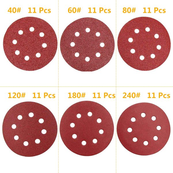 GOOOA 66Pcs 5 inch 8 Holes Sanding Discs 40/60/ 80/120/ 180/240 Grit Round Sandpaper Assorted for Random Orbital Sander - Image 3