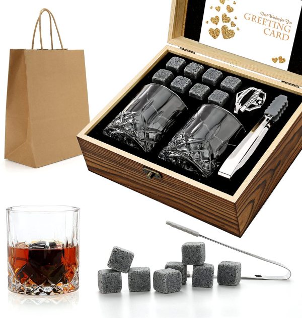 Whiskey Stones Glass Gift Set - Bourbon Scotch Whiskey Glasses Set of 2 - Granite Chilling Rocks in Premium Wooden Box - Best Drinking Gift for Men Dad Husband Father's Day Birthday Holiday Christmas (Cylindrical) - Image 3