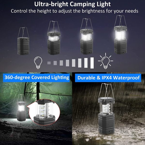 Solar Camping Lantern- Hand Crank Rechargeable LED Lantern Flashlight with USB Charger, Super Bight Camp Light, Long Play Time,Collapsible Waterproof Camping Lights for Emergency, Survival, Hiking, Hurricane,Fishing,Storm,Home