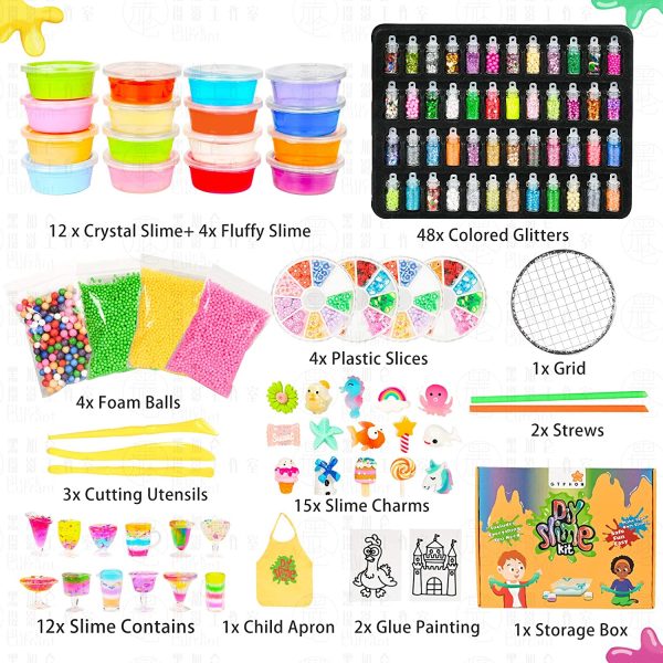 Slime Kit 108Pcs, GTPHOM DIY Slime Making Kit Set for Girls Boys, Art Craft Toys for Kids, Ultimate Slime Supplies Include 48 Glitter, Foam Balls, Fruit Slice, Unicorn Charms