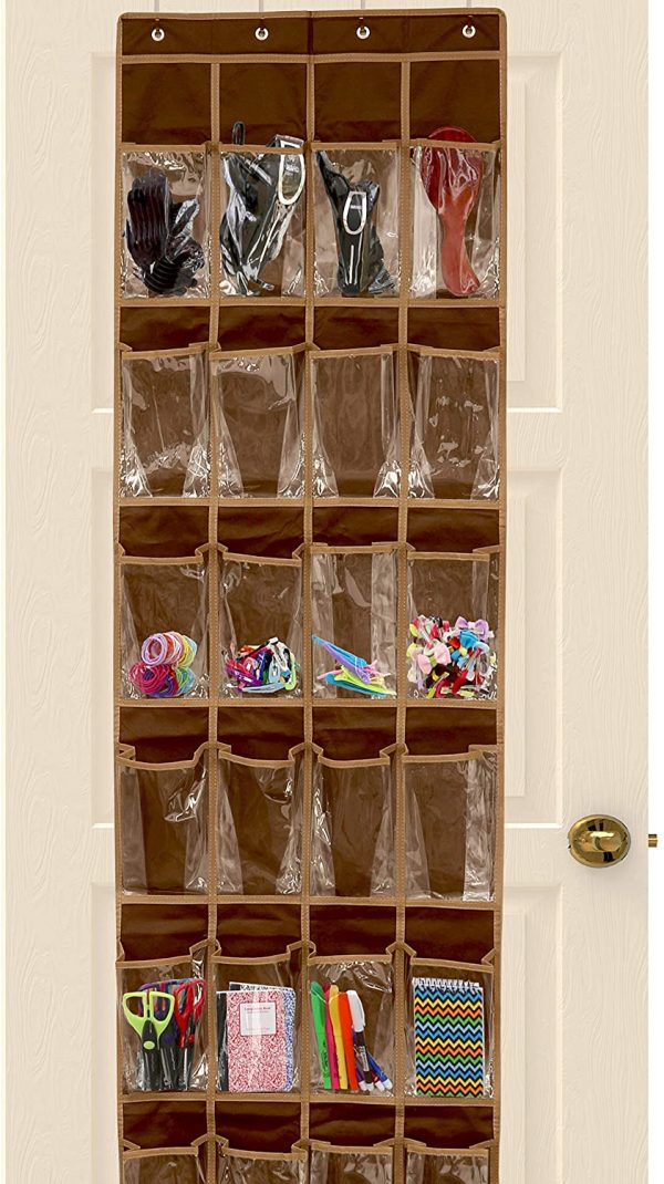 24 Pockets - SimpleHouseware Crystal Clear Over The Door Hanging Shoe Organizer, Brown (162.6 cm H x 48.6 cm W)