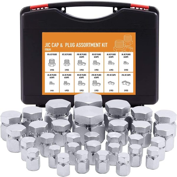 ZELCAN 64 Piece JIC 37?? Flare Cap and Plug Kit Hose Tube and Pipe Fitting Set Hydraulic Cap and Plug Kit Galvanized 45# Steel with Precision Threading Dash Sizes -04 -06 -08 -10 -12 -162 - Image 7