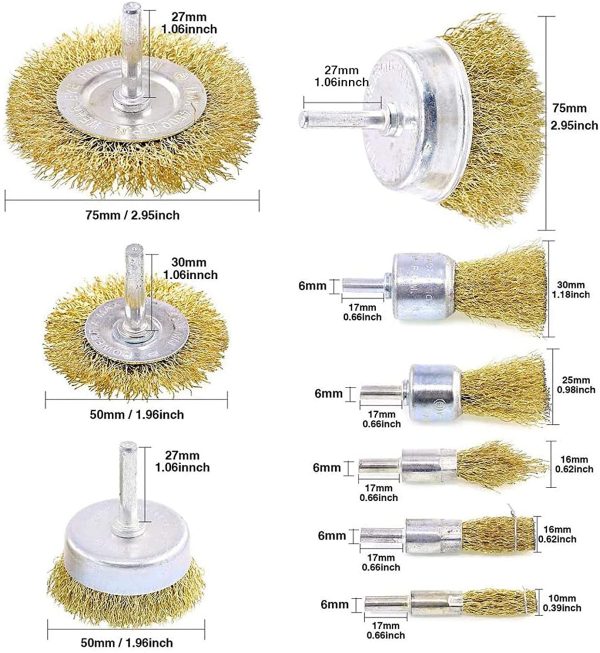 Wire Wheel Brush Drill Attachment 9 Pcs with 1/4in Shank for Cleaning Rust, Stripping and Abrasive - Image 6