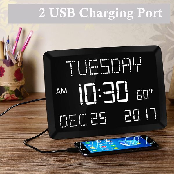 11.5?? Digital Wall Clock,Large Calendar Day Clock,Impaired Vision LED Desk Alarm Clock with 3 Alarms,Date,Temperature,5 Dimmer,2 USB Chargers,DST,12/24H,Loud Plug in Seniors Clock Battery Backup for Living Room Bedroom,Elderly Memory Loss Kids Teens Boys Girls - Image 6