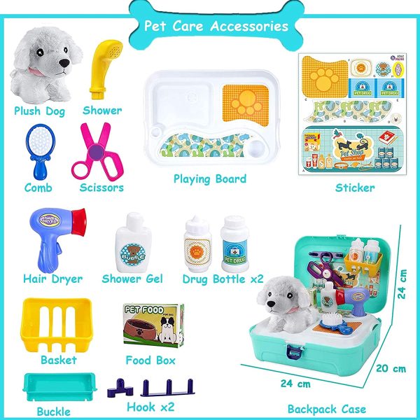 TEUVO Pet Care Play Set Pretend Play Vet Kit for Kids, 16Pcs Doctor Pretend Play Vet Dog Grooming Toys Puppy Dog Carrier Feeding Dog Educational Backpack Gifts for Girls Boys 3-7 Years Old - Image 2