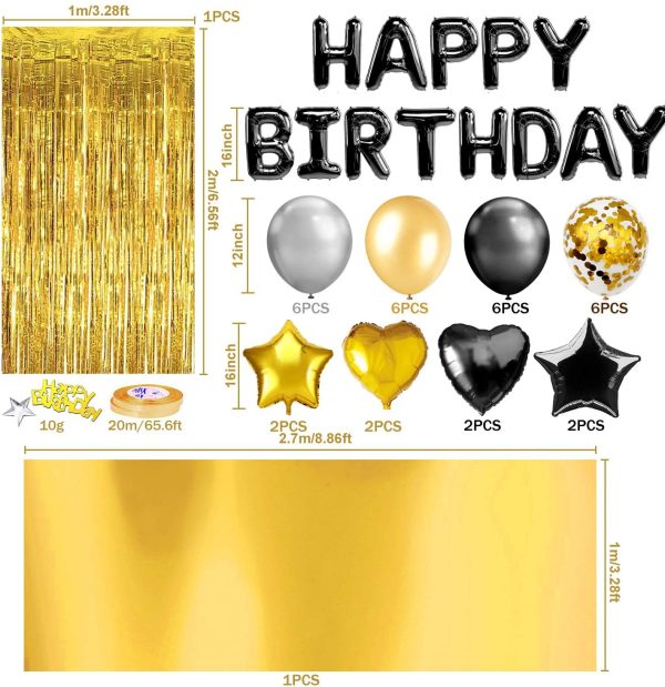 MOVINPE Black Gold Birthday Balloon Decoration, Happy Birthday Heart Star Fringe Curtain Foil Tablecloth Foil Confetti Balloons 10g Table Confetti For Boy Women Birthday Wedding Party - Image 3