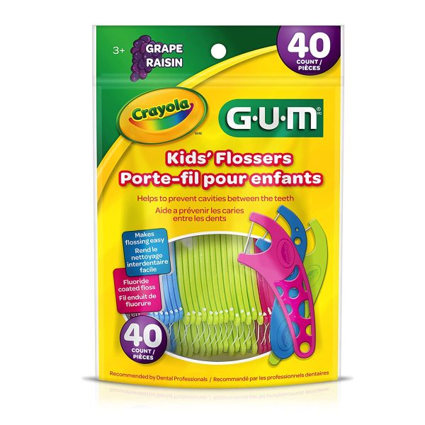 GUM Crayola Kids?? Flossers, Grape, Fluoride Coated, Easy Grip Handle, Ages 3+, 6 Bags X40 ct (240ct)