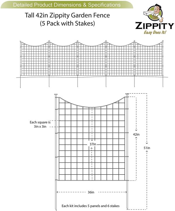 Zippity Outdoor Products 42" Tall Black Metal Garden Fence Kit (5 Pack), (WF29002), 1 Box (5 Panels & 6 Stakes) - Image 2