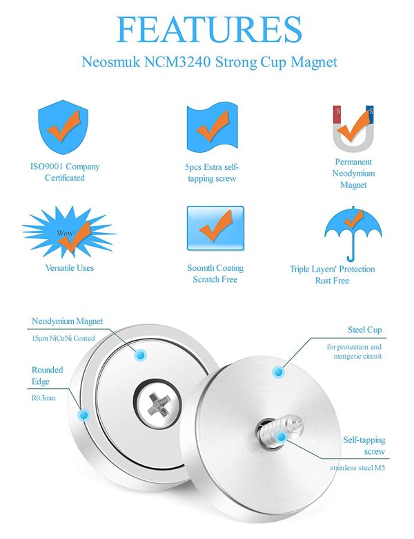 Neosmuk Cup Magnets,100 lbs Holding Power D32mm Super Strong Neodymium Rare Earth with Heavy Duty Countersunk Hole Magnet and Self Tapering Stainless Screw Ideal for Holding Tools,Utensil, (6) - Image 7