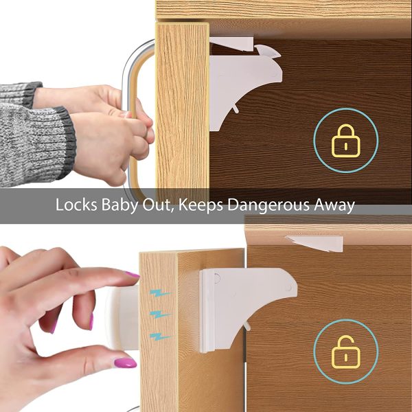 Child Safety Magnetic Cabinet Locks (12 Pack + 2 Key), No Drill Baby Proofing Drawers Lock for Baby Safety, Invisible Adhesive Magnetic Cupboard Locks for Cabinets and Drawers in Kitchen - Image 2