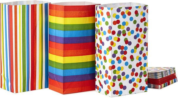 Celebrate Rainbow Party Favor and Wrapped Treat Bags (30 Ct, 10 Each of Vertical Stripes, Horizontal Stripes, Dots) for Birthdays, Baby Showers, School Lunches, Care Packages, May Day