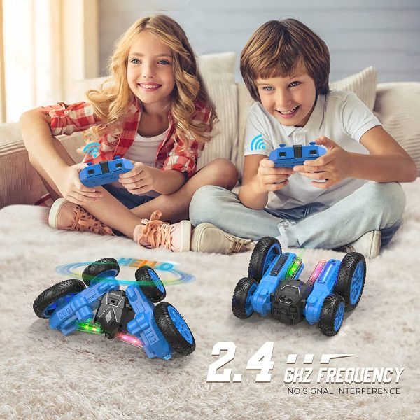 RCNOAH Remote Control Car - 2022 New Version - 3D Hologram LED RC Stunt Car 4WD Off-Road Fast Double Sided Running All Terrain RC Car for Kids 6 Years and Above, 2 Rechargeable Car Batteries & 2 USB Charging Cables - Image 5