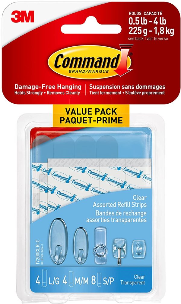 Command Replacement Strips, Clear, 8 Small 4 Medium 4 Large Strips