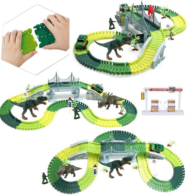 WTOR Toys 221Pcs Dinosaur Toys Race Track Car Boys Toys Set with Dinosaur Race Cars Bridge for Kids Boys Girls Aged 3 4 5 6 7 8 Christmas Birthday Gifts - Image 4