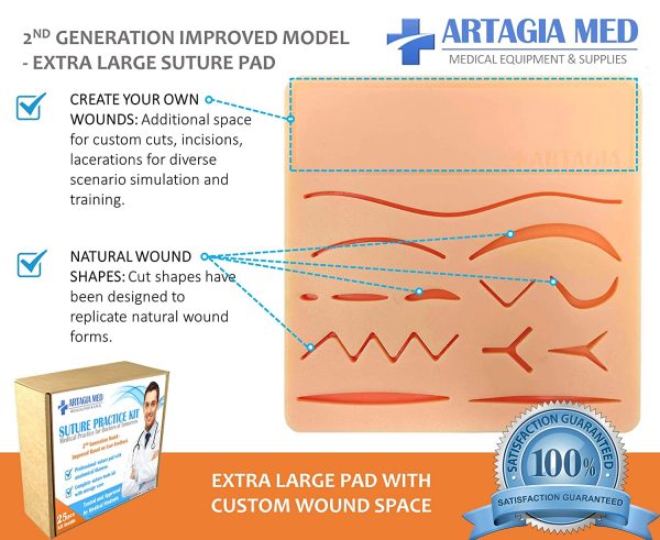 Complete Suture Practice Kit for Suture Training, including Large Silicone Suture Pad with pre-cut wounds and suture tool kit (19 pieces). 2nd Generation Model. (Demonstration and Education Use Only)