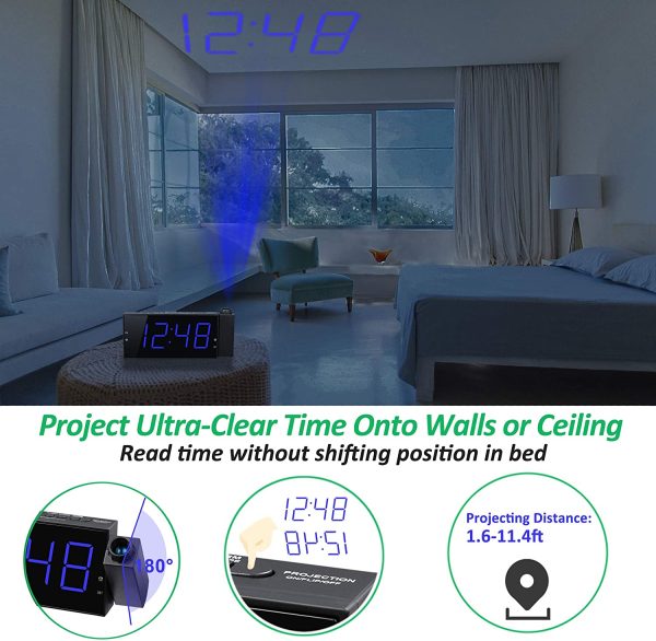 Projection Alarm Clock for Bedroom with USB Charger, 5-Level Dimmer, 2 Alarms, 5-level Adjustable Volume, 7" Large Screen, 9 Minutes Snooze, Battery Backup Setting, 180° Ceiling Digital Alarm Clock for Nightstand, Kids, Senior, Heavy Sleepers - Image 5