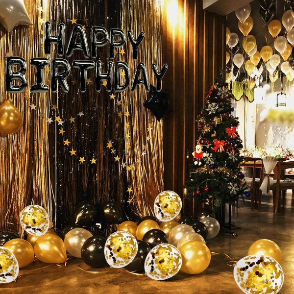 MOVINPE Black Gold Birthday Balloon Decoration, Happy Birthday Heart Star Fringe Curtain Foil Tablecloth Foil Confetti Balloons 10g Table Confetti For Boy Women Birthday Wedding Party - Image 2