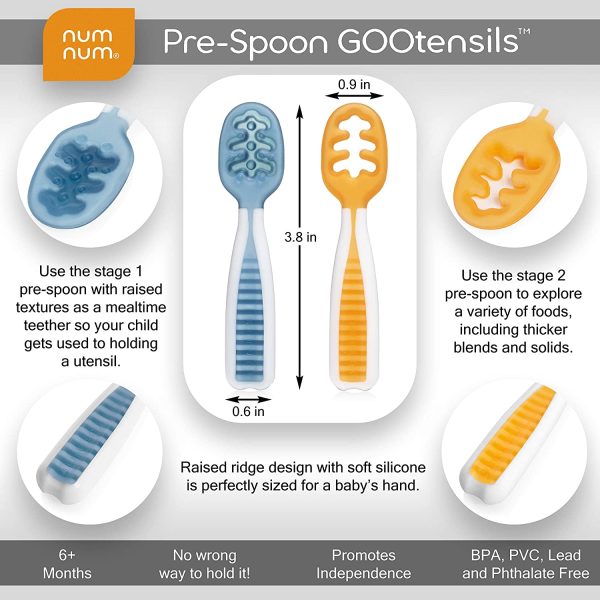 NumNum Pre-Spoon GOOtensils | Baby Spoon Set (Stage 1 + Stage 2) | BPA Free Silicone Self Feeding Toddler Utensils | for Kids Ages 6 Months+, 1-Pack, Two Spoons, Blue/Orange - Image 5