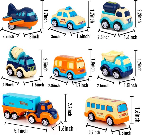 9 Pack Cars Toys for 3 4 5 Years Old Toddlers Boys and Girls Gift, Big Transport Truck with 8 Small Cute Pull Back Trucks, Colorful Assorted Vehicles Playset, Carrier Truck with Sound and Light - Image 7