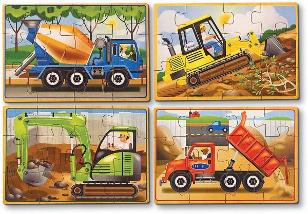 Melissa and Doug Construction Vehicles 4-in-1 Wooden Jigsaw Floor 12-Piece Puzzles, Beautiful Original Artwork, Sturdy Cardboard Pieces, 48 Pieces