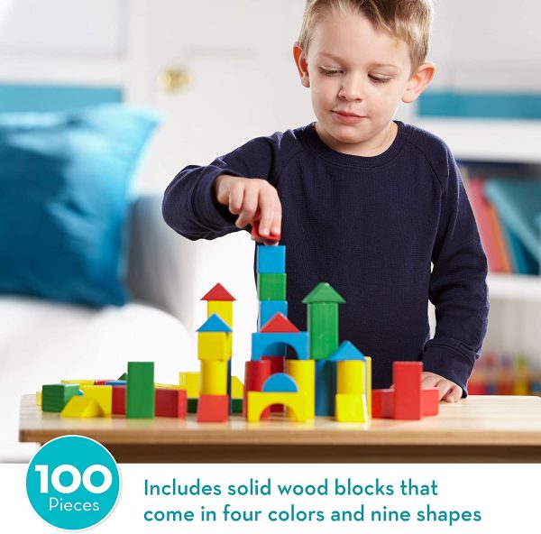 Melissa & Doug Wooden Building Blocks Set (Developmental Toy, 100 Blocks in 4 Colors and 9 Shapes) - Image 2