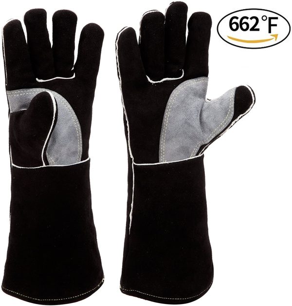 16 Inches,662?H,Leather Forge/Mig/Stick Welding Gloves Heat/Fire Resistant, Mitts for Oven/Grill/Fireplace/Furnace/Stove/Pot Holder/Tig Welder/Mig/BBQ/Animal handling glove with Extra Long Sleeve Black