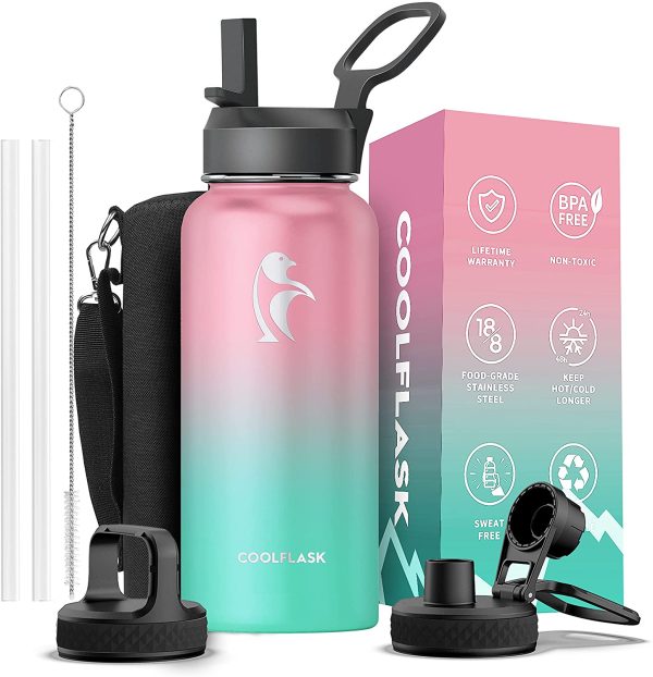 32 oz Water Bottle with Straw & Spout Lid,  Insulated Water Bottle 1/4 Gallon Wide Mouth , Sweat-Proof BPA-Free Keep Cold Up to 48 Hrs or Hot Up to 24 Hrs, Bubblegum Princess - Image 4