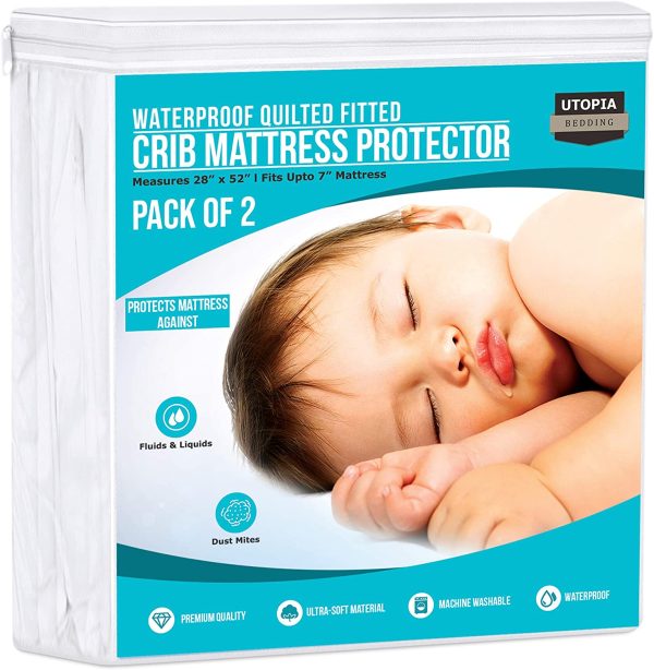 Waterproof Crib Fitted Mattress Protector (Pack of 2) - Toddler and Baby Crib Mattress Pad Cover - Soft and Breathable with 7 Inches Deep Skirt (White, 28" x 52") - Image 6